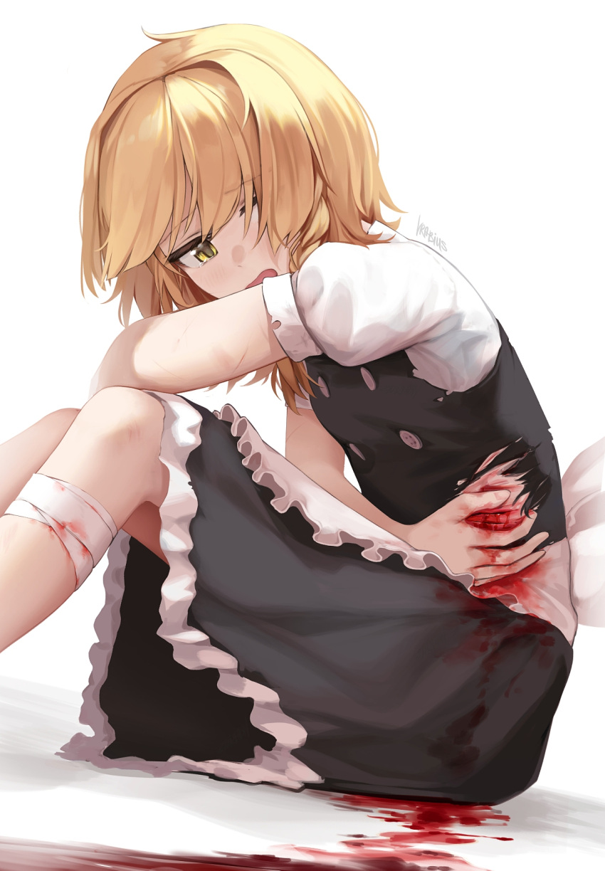 1girl apron artist_name bandaged_leg bandages black_skirt black_vest blonde_hair blood blood_on_clothes blood_on_hands braid clip_studio_paint_(medium) commentary english_commentary highres injury kirisame_marisa light_blush long_hair no_headwear open_mouth puffy_short_sleeves puffy_sleeves scratches short_sleeves side_braid simple_background single_braid skirt solo tears torn_clothes touhou vest vrabius white_apron white_background yellow_eyes