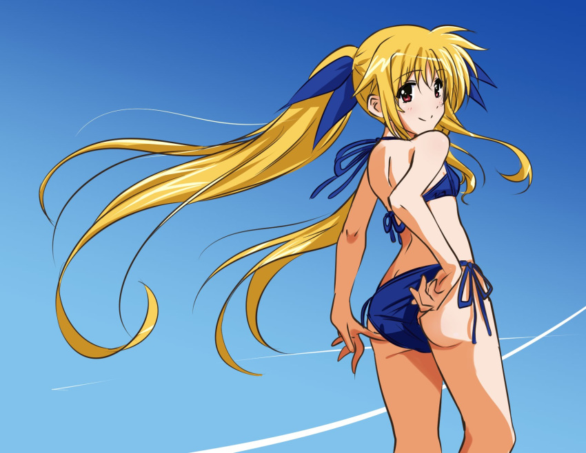 1girl achanpuni adjusting_clothes adjusting_swimsuit bikini blonde_hair blue_bikini blue_ribbon blue_sky breasts commentary_request contrail fate_testarossa feet_out_of_frame from_behind hair_ribbon highres long_hair looking_at_viewer looking_back lyrical_nanoha mahou_shoujo_lyrical_nanoha red_eyes ribbon side-tie_bikini_bottom sky small_breasts solo standing swimsuit twintails