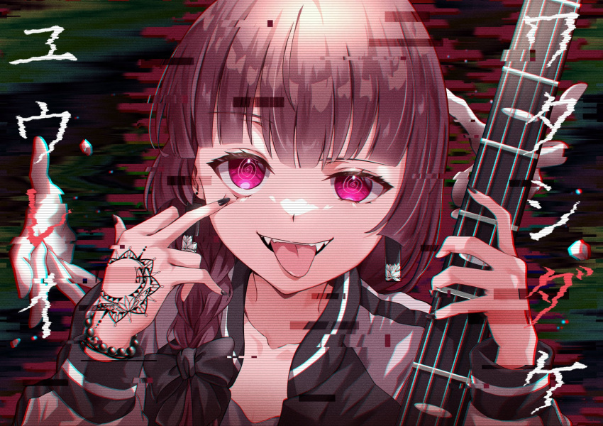 1girl @_@ black_nails blunt_bangs bocchi_the_rock! braid collarbone earrings eyelid_pull fangs glitch grey_jacket guitar hair_over_shoulder hand_tattoo highres hiroi_kikuri instrument jacket jewelry kikugawa_roku long_hair middle_finger purple_eyes purple_hair single_braid solo tattoo tongue tongue_out upper_body