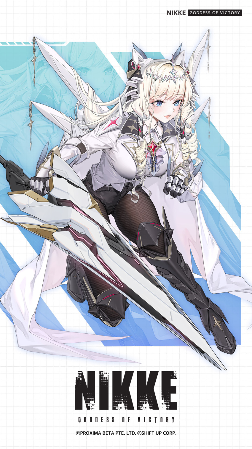 1girl black_footwear blue_eyes boots cape closed_mouth commentary crown_(nikke) english_commentary gauntlets goddess_of_victory:_nikke gun highres holding holding_gun holding_weapon long_hair long_sleeves machine_gun official_art open_mouth pantyhose shirt sidelocks smile solo squatting weapon white_cape white_hair white_shirt