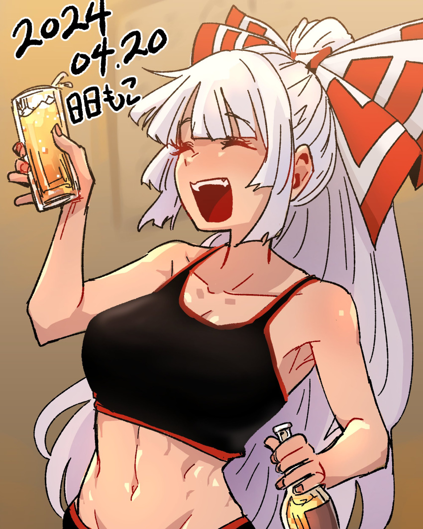 1girl absurdres alcohol blush bottle bow closed_eyes commentary cup dated drunk fujiwara_no_mokou hair_bow highres holding holding_bottle holding_cup long_hair navel neophyte nose_blush open_mouth ponytail smile solo sports_bra touhou very_long_hair white_hair