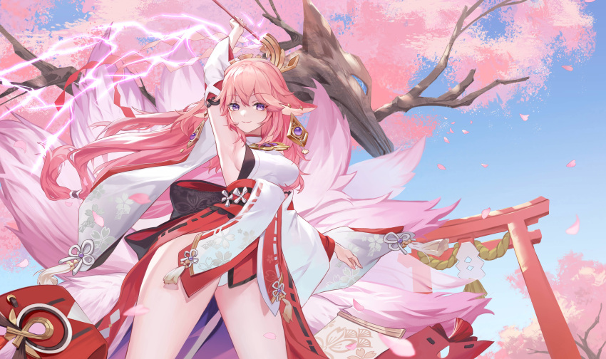 1girl absurdres animal_ears arm_up armpits blue_sky breasts cherry_blossoms closed_mouth cowboy_shot day detached_sleeves diowlsama electricity falling_petals floating_hair floppy_ears fox_ears fox_tail from_above genshin_impact gohei hair_between_eyes hand_up highres holding holding_gohei long_hair looking_at_viewer low-tied_long_hair medium_breasts multiple_tails nontraditional_miko panties petals pink_hair purple_eyes sideboob sidelocks sky smile solo tail torii turtleneck underwear white_panties white_sleeves wide_sleeves yae_miko