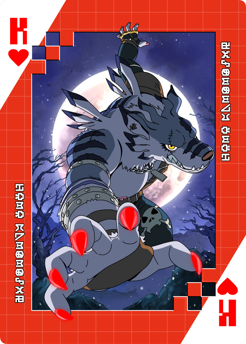 anthro bandai_namco card claws colored_nails digimon digimon_(species) dog_tags fur hi_res male moon muscular muscular_anthro muscular_male nails nipples pecs playing_card roaringmoon scar shirtless solo striped_body striped_fur stripes suit_symbol weregarurumon yellow_eyes