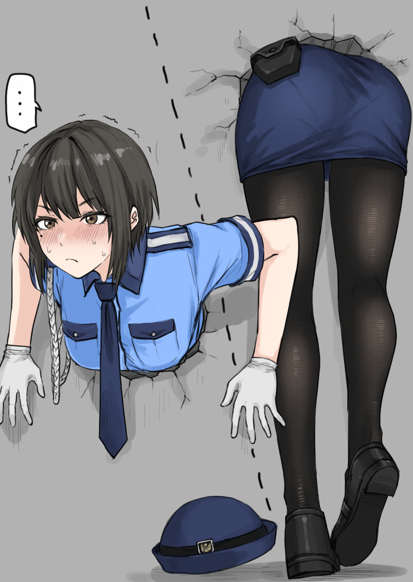 ... 1girl aiguillette ass belt_pouch black_footwear black_pantyhose blue_hat blue_necktie blue_shirt blue_skirt blush breast_pocket brown_eyes closed_mouth collared_shirt dotted_line double-parted_bangs epaulettes from_behind fuku_(fuku12290574) gloves hat highres light_frown medium_hair mole mole_under_eye multiple_views necktie original pantyhose pencil_skirt pocket police police_hat police_uniform policewoman pouch shadow shirt shoes simple_background skirt sleeve_cuffs speech_bubble sweat through_wall tight_clothes trembling uniform unworn_hat unworn_headwear white_gloves