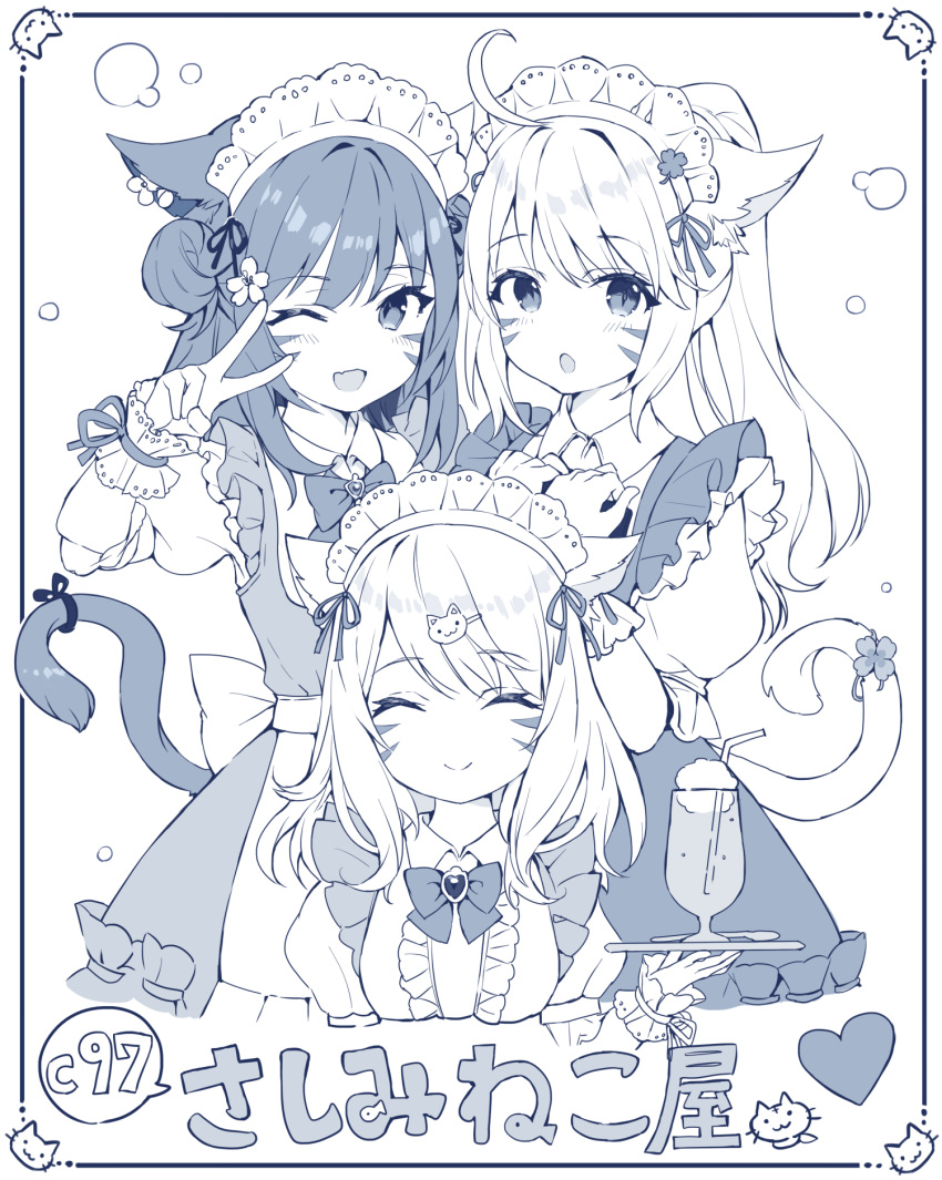 3girls ahoge animal_ears apron bow bowtie cat_ears cat_girl cat_hair_ornament cat_tail closed_eyes commentary_request cup drinking_glass drinking_straw final_fantasy final_fantasy_xiv flower hair_flower hair_ornament hand_up heart highres holding holding_plate light_blush long_hair maid maid_headdress miqo'te momoko_(momopoco) monochrome multiple_girls one_eye_closed plate raised_eyebrows ribbon sidelocks simple_background smile tail tail_ornament tail_raised tail_ribbon translation_request upper_body v warrior_of_light_(ff14) white_background wine_glass