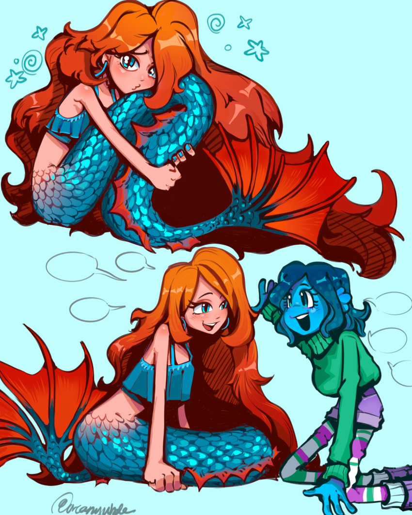 1girl 2girls blue_eyes chelsea_(ruby_gillman) highres holding_trident kraken long_hair looking_at_another looking_at_viewer mermaid monster_girl multiple_girls orcamywhale red_hair ruby_gillman ruby_gillman:_teenage_kraken solo very_long_hair