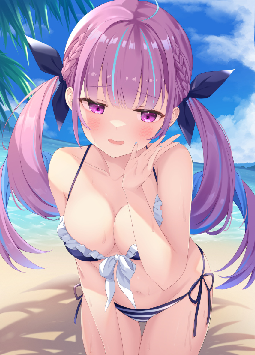 1girl ahoge bare_shoulders bikini blue_hair blush braid breasts cleavage collarbone colored_inner_hair front-tie_bikini_top front-tie_top hair_ribbon highres hololive kurono_yuzuko large_breasts long_hair looking_at_viewer minato_aqua multicolored_hair navel open_mouth outdoors purple_eyes purple_hair ribbon side-tie_bikini_bottom smile solo streaked_hair striped_bikini striped_clothes swimsuit thighs twintails two-tone_hair virtual_youtuber