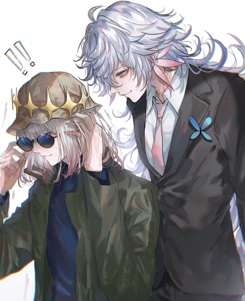 ! !! 2boys ahoge alternate_costume asano_(kazusasn) black_jacket collared_shirt diamond_hairband fate/grand_order fate_(series) formal green_jacket hair_between_eyes hat highres jacket long_hair long_sleeves male_focus medium_hair merlin_(fate) multiple_boys necktie oberon_(fate) petals purple_eyes shirt simple_background smile tinted_eyewear very_long_hair white_background white_hair white_shirt