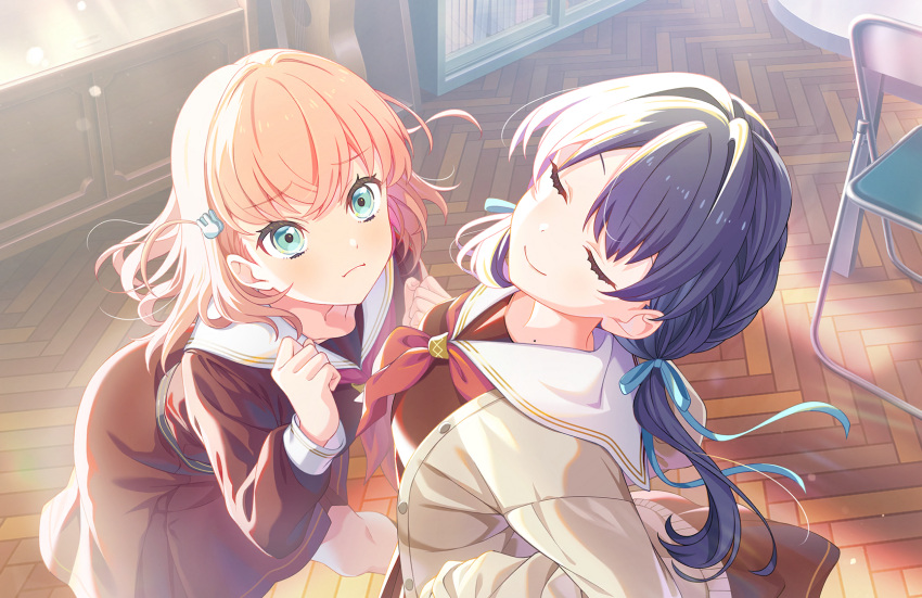 2girls acoustic_guitar aqua_eyes blue_hair blue_ribbon brown_cardigan brown_dress cardigan clenched_hands closed_eyes closed_mouth clubroom collarbone crossed_bangs dark_blue_hair dress from_above frown game_cg guitar hair_ornament hair_ribbon hands_on_own_hips hasu_no_sora_school_uniform highres hinoshita_kaho in-universe_location instrument leaning_back leaning_forward link!_like!_love_live! long_hair long_sleeves love_live! low_twintails medium_dress medium_hair mole mole_on_neck multiple_girls murano_sayaka neckerchief official_art open_cardigan open_clothes orange_hair pleated_dress pout rabbit_hair_ornament red_neckerchief ribbon sailor_collar sailor_dress school_uniform smile smug standing third-party_source twintails two_side_up u_u virtual_youtuber white_sailor_collar winter_uniform