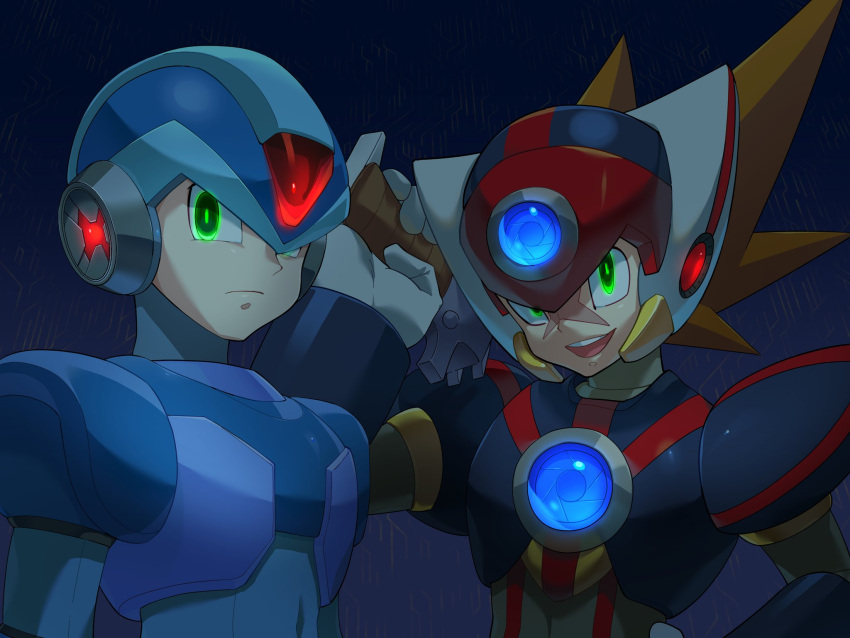 2boys android armor axl_(mega_man) black_armor blue_armor blue_helmet brown_hair chest_jewel commentary_request cross_scar dark_background forehead_jewel glowing glowing_eyes gradient_background green_eyes gun helmet highres holding holding_gun holding_weapon looking_at_viewer male_focus medium_hair mega_man_(series) mega_man_x_(series) multiple_boys o_deko open_mouth over_shoulder red_helmet scar scar_on_face shoulder_armor spiked_hair upper_body weapon weapon_over_shoulder