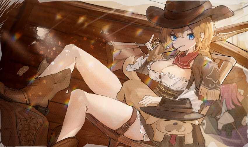 2girls absurdres blonde_hair blue_eyes boots breasts bubba_(watson_amelia) cleavage cowboy cowboy_hat death-sensei_(mori_calliope) dog gun hat highres hololive hololive_english looking_at_viewer matches medium_breasts medium_hair mori_calliope mori_calliope_(sheriff) multiple_girls nereb_72 pink_hair reflection rifle sitting solo_focus thigh_strap thighs virtual_youtuber watson_amelia weapon