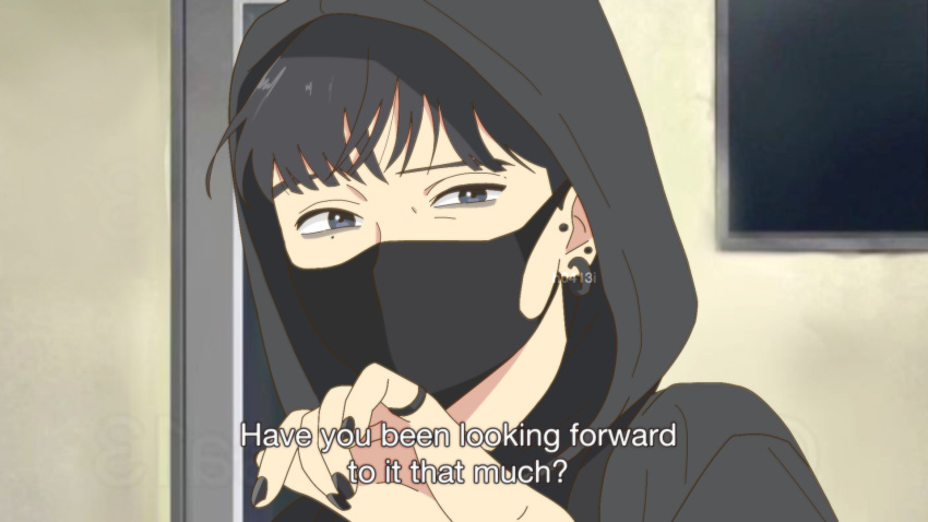 1girl black_hair black_hoodie black_nails choppy_bangs comic_panel_redraw commentary derivative_work ear_piercing earrings english_commentary english_text fake_screenshot grey_eyes hand_up hanore highres hood hood_up hoodie hoop_earrings jewelry kininatteru_hito_ga_otoko_ja_nakatta koga_mitsuki looking_at_viewer mask mole mole_under_eye mouth_mask nail_polish piercing portrait ring scene_reference solo subtitled