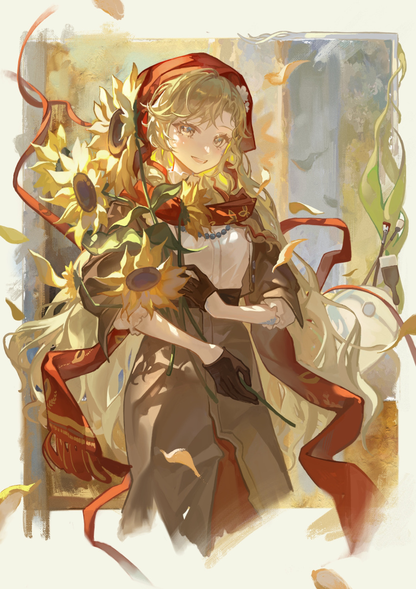 1girl absurdres blinklikeer blonde_hair button_up_skirt flower gloves head_scarf highres long_hair long_sleeves looking_at_viewer red_scarf reverse:1999 scarf shirt smile sunflower vila_(reverse:1999) white_shirt