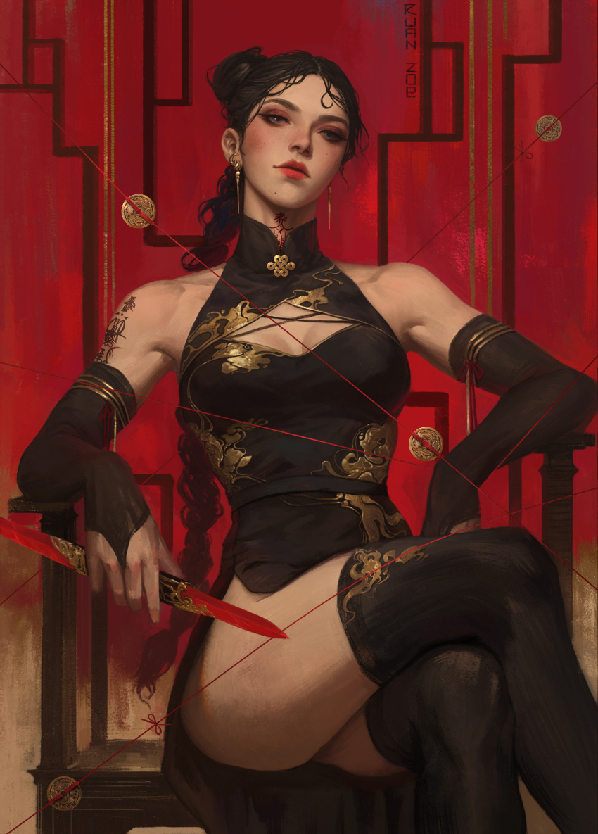 1girl absurdres artist_name black_hair breasts china_dress chinese_clothes crossed_legs dagger double-blade dress earrings elbow_gloves gloves highres holding holding_dagger holding_knife holding_weapon jewelry knife looking_at_viewer original sitting solo thighhighs weapon wodeipoi