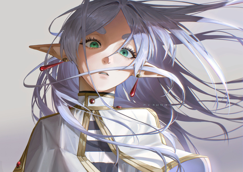 1girl absurdres capelet earrings elf frieren green_eyes grey_background grey_hair highres jewelry looking_at_viewer nthndn pointy_ears shirt solo sousou_no_frieren striped_clothes striped_shirt white_capelet