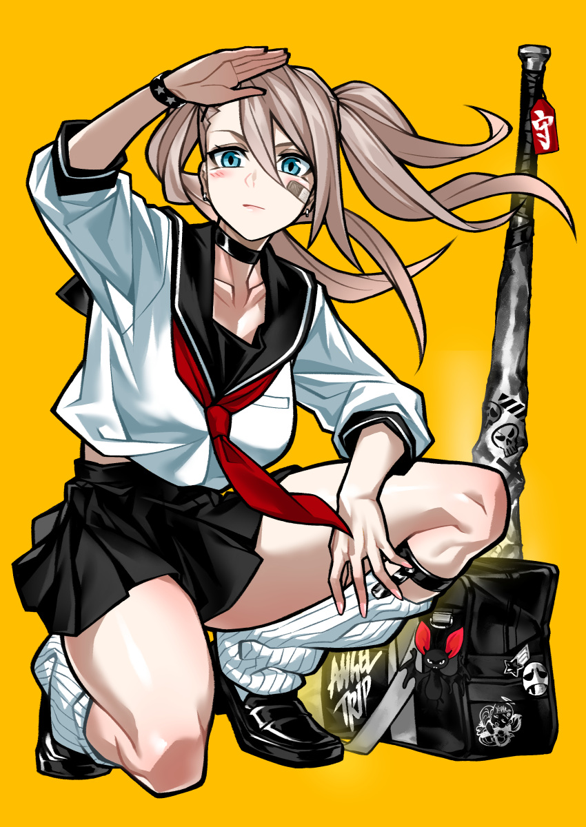 1girl absurdres arm_up bag bandaid bandaid_on_face baseball_bat black_bag black_choker black_footwear black_sailor_collar black_skirt blonde_hair blue_eyes breasts choker desperado_(yotaro) duffel_bag floating_hair full_body hair_between_eyes highres large_breasts leg_warmers loafers long_hair miniskirt neckerchief on_one_knee red_neckerchief sailor_collar school_bag school_uniform serafuku shirt shoes simple_background skirt solo tachibana_rikka twintails white_leg_warmers white_shirt wristband yellow_background yotaro