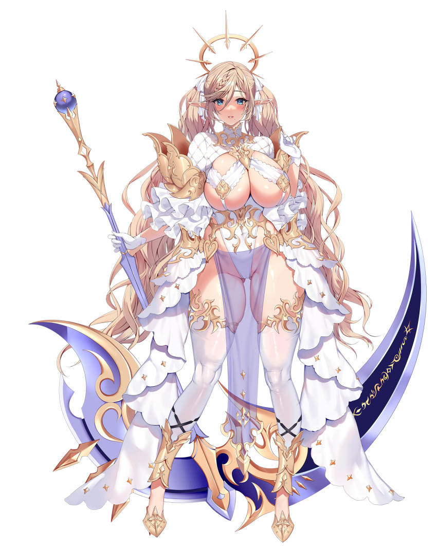 1girl ass_visible_through_thighs blonde_hair blue_eyes blush braid breasts character_name closed_eyes covered_navel elf elf_village eyelashes frilled_sleeves frills full_body gloves groin hair_between_eyes hair_intakes hair_ornament hair_ribbon halo high_heels highres holding holding_scythe holding_staff huge_breasts large_breasts leotard long_hair long_sleeves looking_at_viewer makeup mama_tiana_(elf_village) mascara mataro_(matarou) mole mole_under_mouth official_art original parted_lips pelvic_curtain pointy_ears ribbon scythe shiny_skin side_braid sidelocks skindentation smile solo staff standing thighhighs thighs transparent_background turtleneck twintails very_long_hair wavy_hair white_gloves white_ribbon