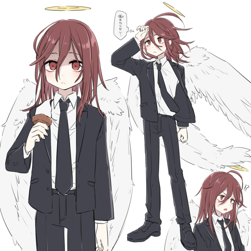 !? 1boy ahoge androgynous angel angel_devil_(chainsaw_man) angel_wings annoyed arm_at_side arm_up belt belt_buckle black_belt black_footwear black_jacket black_necktie black_pants black_suit blush buckle chainsaw_man collared_shirt expressionless feathered_wings fingernails food full_body hair_between_eyes halo highres holding holding_food holding_ice_cream holding_ice_cream_cone ice_cream ice_cream_cone jacket large_wings leftporygon long_bangs long_sleeves looking_ahead looking_at_viewer medium_hair multiple_views necktie open_clothes open_jacket open_mouth pants red_eyes red_hair shirt shirt_tucked_in standing suit suit_jacket v-shaped_eyebrows white_shirt white_wings wind wings yellow_halo