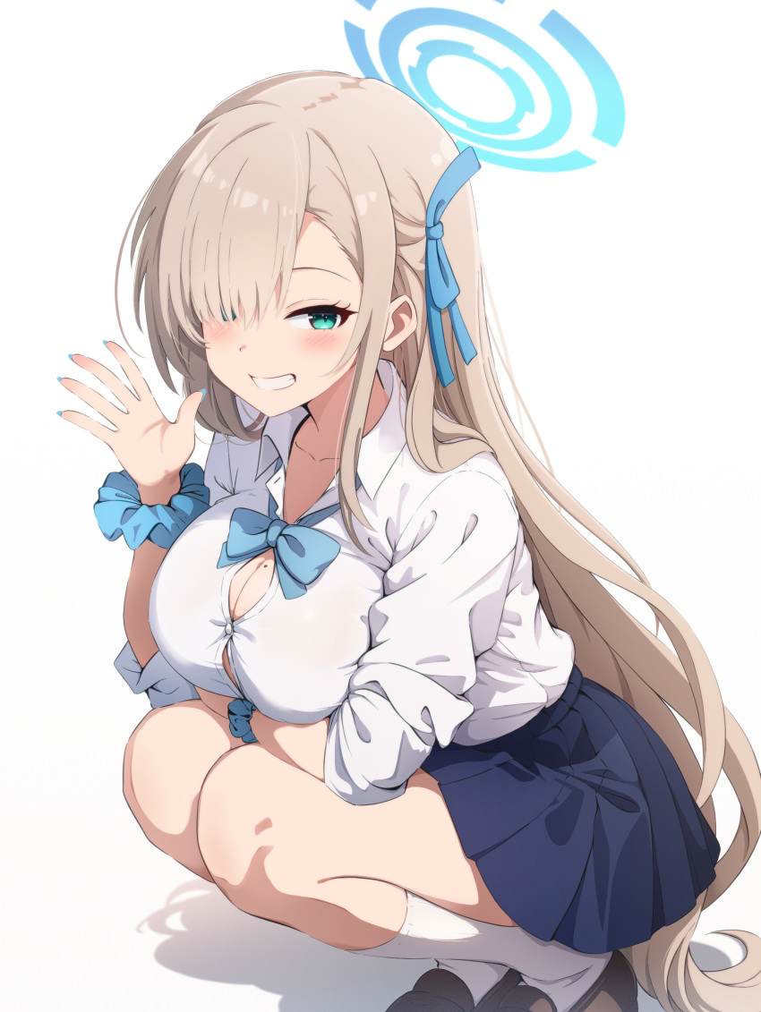 1girl absurdres asuna_(blue_archive) blue_archive blue_bow blue_bowtie blue_eyes blue_nails blue_scrunchie blue_skirt blush bow bowtie breasts brown_footwear cleavage collared_shirt grin gyorui_(katsuwo_drawing) hair_bow hair_over_one_eye halo hand_up highres kneehighs large_breasts light_brown_hair loafers long_hair long_sleeves mole mole_on_breast nail_polish pleated_skirt school_uniform scrunchie shirt shoes simple_background skirt sleeves_rolled_up smile socks solo squatting very_long_hair white_background white_shirt white_socks wrist_scrunchie