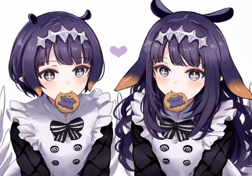 +_+ 2girls blush character_cookie cookie dual_persona food food_in_mouth hair_ornament heart hololive hololive_english long_hair long_sleeves mole mole_under_eye multiple_girls ninomae_ina'nis ninomae_ina'nis_(6th_costume) pointy_ears purple_eyes purple_hair short_hair simple_background takodachi_(ninomae_ina'nis) tentacle_hair upper_body virtual_youtuber white_background yuuyu_(777)