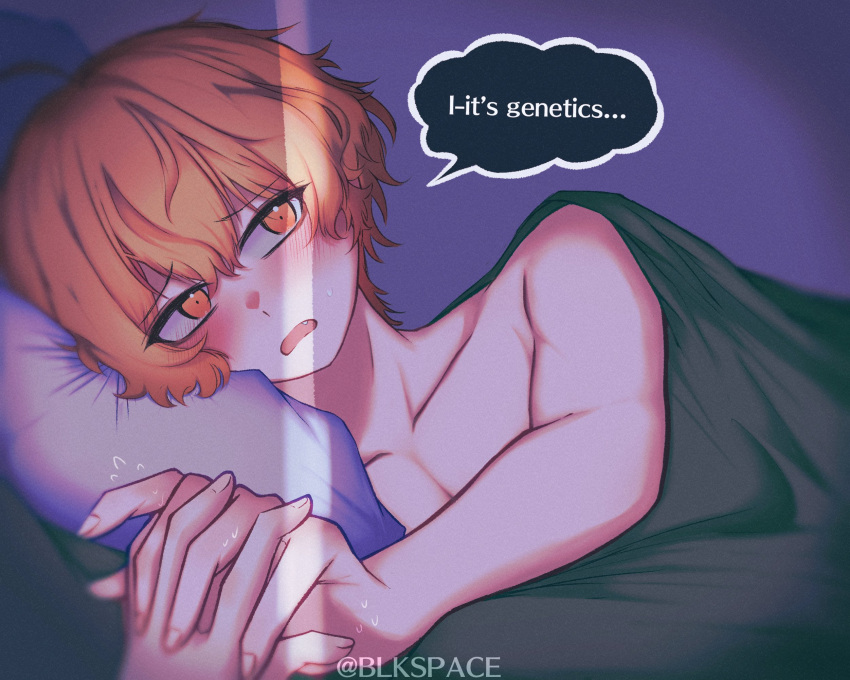 1boy blanket blkspac3 blonde_hair collarbone embarrassed highres implied_sex limbus_company lying on_side orange_eyes orange_hair pov pov_hands project_moon sinclair_(project_moon) twitter_username under_covers upper_body yellow_eyes