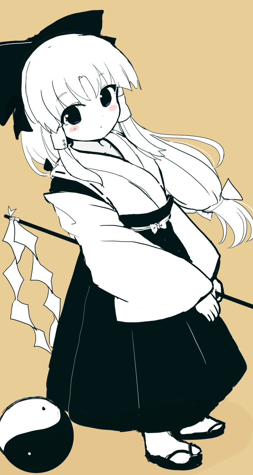 absurdres blush bow facing_viewer gohei hair_bow hair_tubes hakama hakama_skirt hakurei_reimu hakurei_reimu_(pc-98) highres japanese_clothes kosode long_hair looking_at_viewer miko monochrome rei_(tonbo0430) skirt solo spot_color standing tagme touhou yellow_background yin_yang