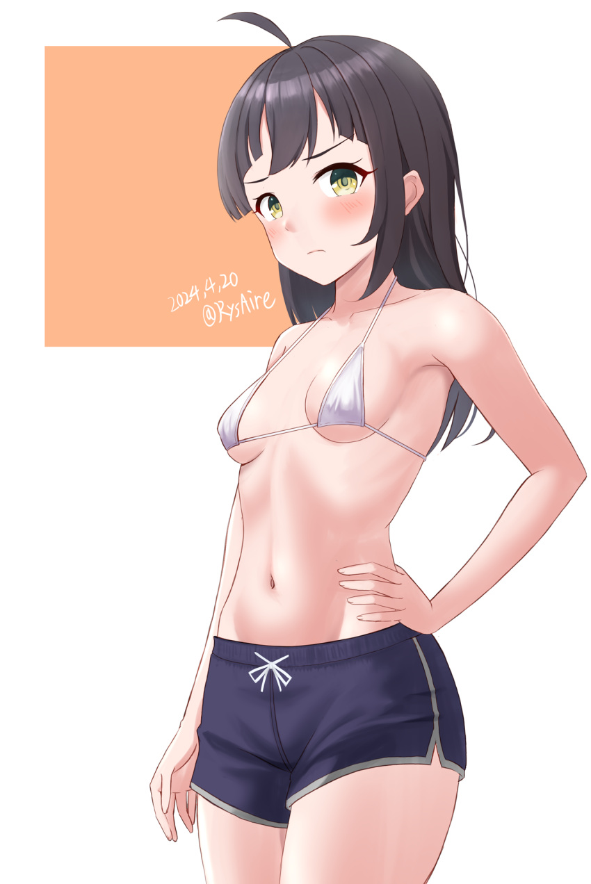 1girl ahoge alternate_costume ame-san asymmetrical_bangs bikini bikini_top_only black_hair blue_swim_trunks breasts cut_bangs fujinami_(kancolle) hand_on_own_hip highres kantai_collection long_hair male_swimwear navel small_breasts solo swim_trunks swimsuit white_bikini yellow_eyes