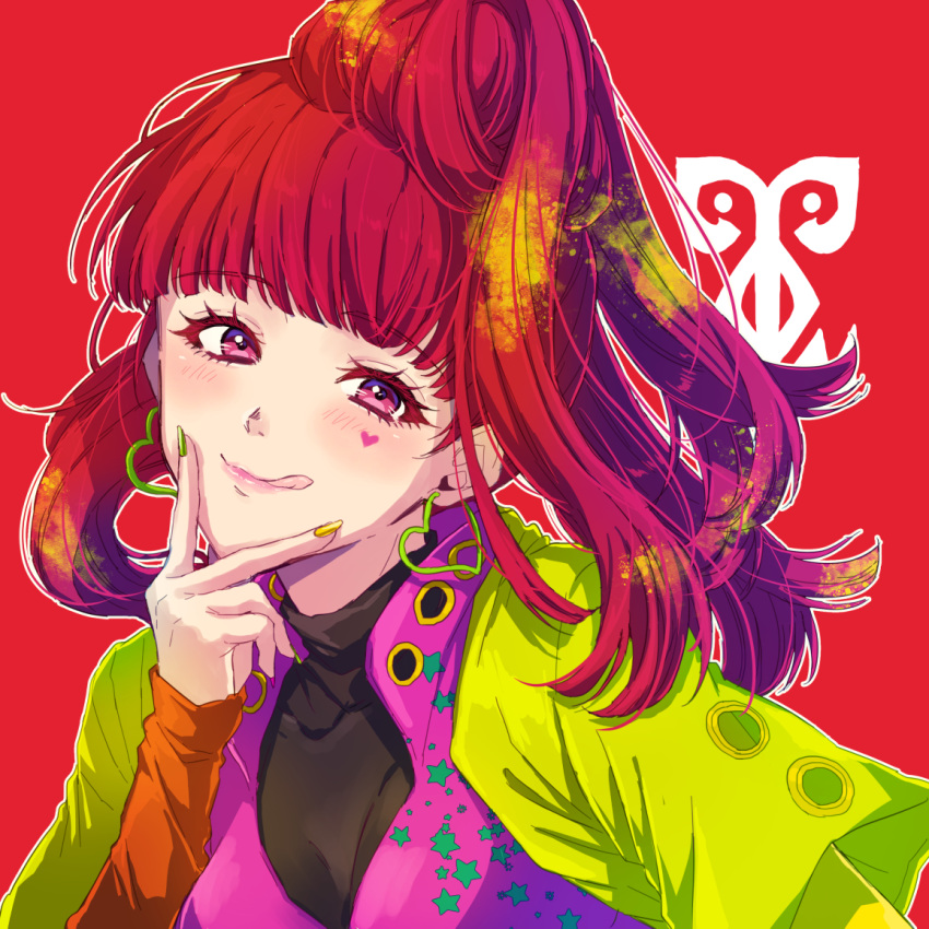 1girl 24mbb blunt_bangs earrings gloves gnosia heart heart_earrings heart_tattoo high_ponytail jewelry long_hair long_sleeves looking_at_viewer nail_polish red_eyes red_hair smile solo sq_(gnosia) tattoo turtleneck upper_body