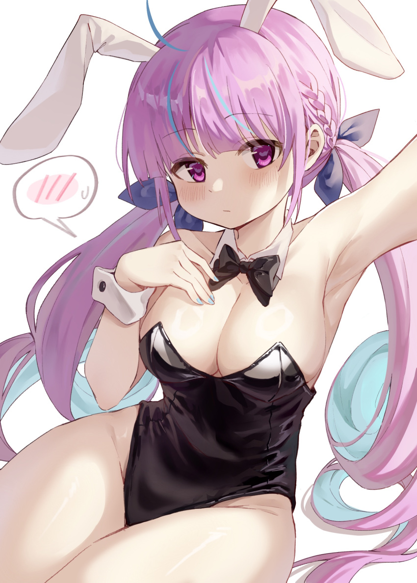 1girl animal_ears bare_legs black_leotard blue_hair bow bowtie breasts cleavage commentary_request detached_collar highres hololive leotard long_hair looking_at_viewer medium_breasts minato_aqua multicolored_hair pantyhose playboy_bunny rabbit_ears solo spoken_blush strapless strapless_leotard tazaki_yokka two-tone_hair variant_set virtual_youtuber wrist_cuffs