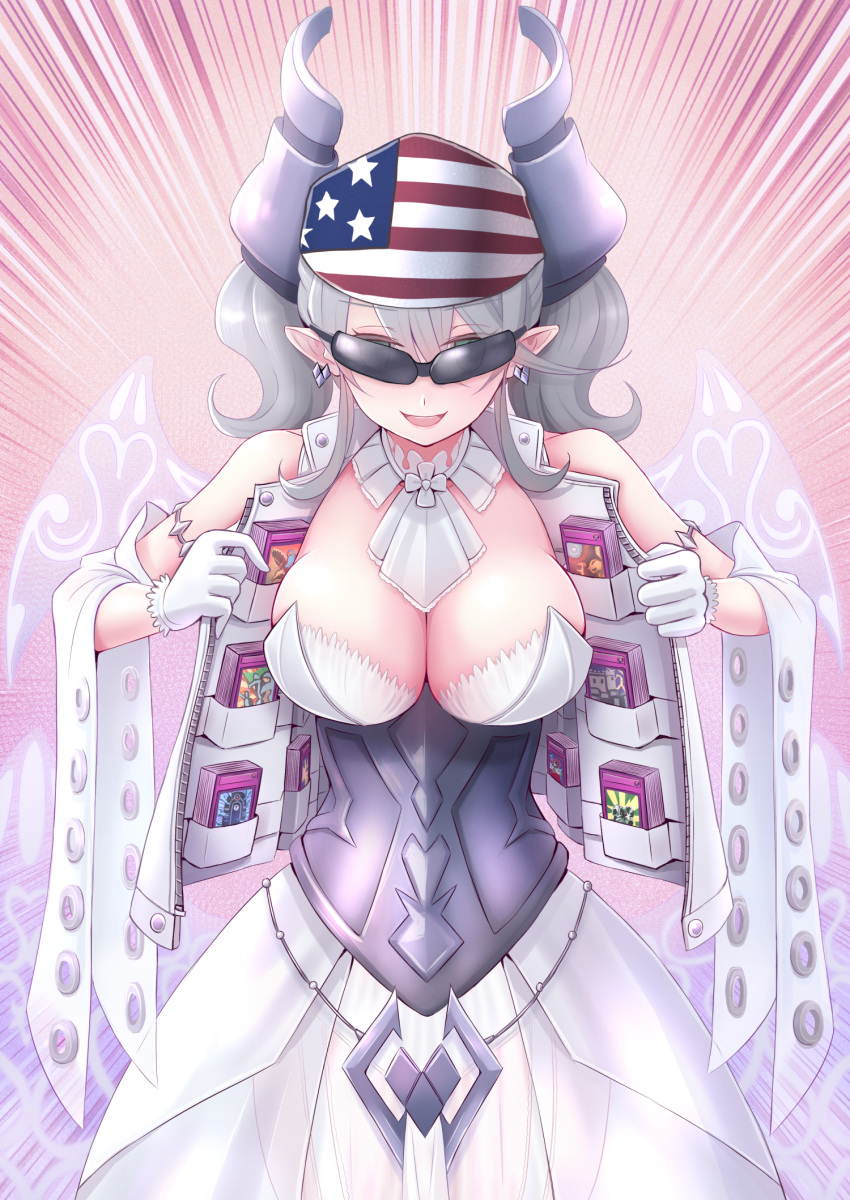 1girl akisame_rizu american_flag american_flag_print armored_corset bandana breasts card cleavage demon_girl demon_horns demon_wings dress duel_monster emphasis_lines flag_print grey_eyes grey_hair highres horns large_breasts looking_at_viewer lovely_labrynth_of_the_silver_castle open_clothes open_vest pointy_ears print_bandana smile solo standing trading_card trap_hole twintails variant_set vest white_dress wings yu-gi-oh!