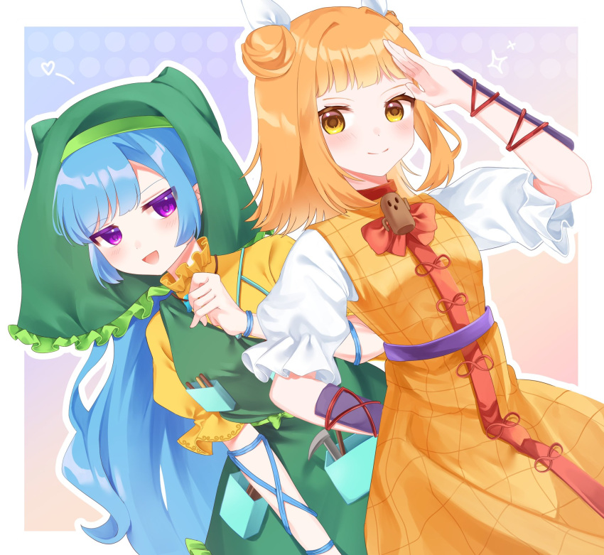 2girls apron aqua_apron arm_ribbon belt blonde_hair blue_hair double_bun dress green_apron green_belt green_hood hair_bun haniwa_(statue) haniyasushin_keiki head_scarf highres joutouguu_mayumi milll_77 multiple_girls purple_eyes ribbon salute single_strap tools touhou white_ribbon wood_carving_tool yellow_dress yellow_eyes