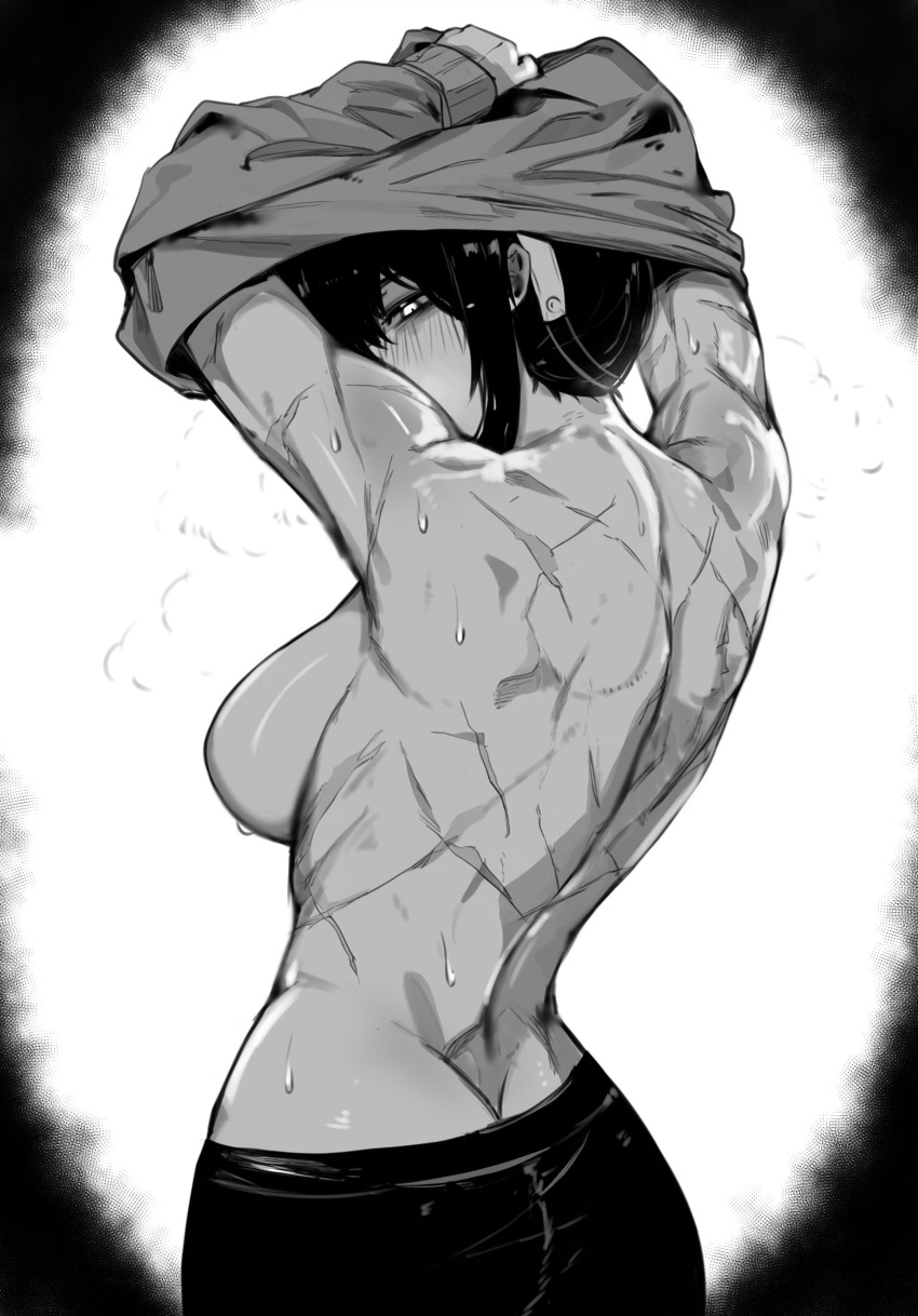 absurdres black_hair black_pants blush breasts clothes_lift hairband highres lifted_by_self looking_at_viewer masoq monochrome multiple_scars no_bra pants scar sideboob spy_x_family sweatdrop sweater vignetting yor_briar