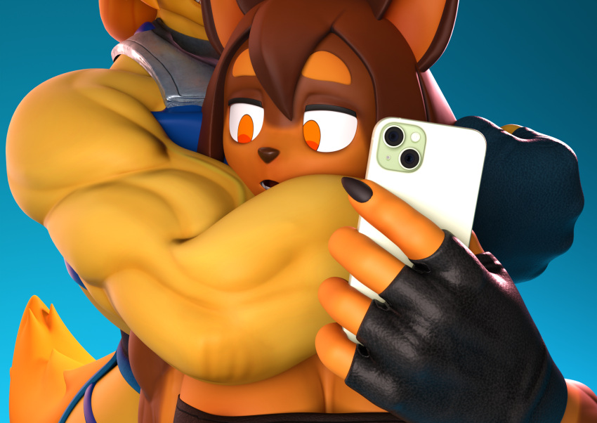 biceps canid canine chokehold dog_knight_rpg dominant dominant_female duo electronics female female/female fightinlove hi_res jeane_(ceehaz) mammal muscular muscular_female phone rory_(ceehaz) selfie turned_on