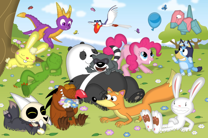 absurdres balloon bluey bluey_heeler bug butterfly character_request crossover cuddles_(happy_tree_friends) derivative_work flower flying happy_tree_friends highres holding holding_flower inkscape_(medium) king_clawthorne looking_at_another lying multiple_crossover my_little_pony my_little_pony:_friendship_is_magic no_humans on_back on_grass on_person on_stomach outdoors pinkie_pie playing playing_games pokemon porygon porygon2z sitting sleeping the_owl_house