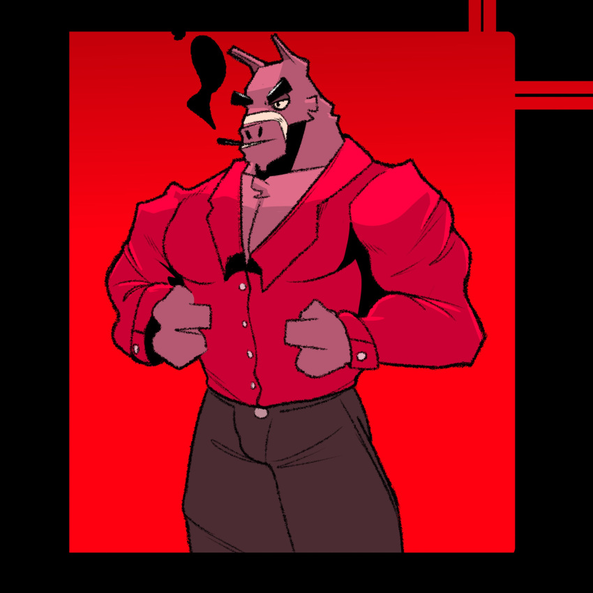 absurd_res animate_inanimate anthro bottomwear camelid chest_tuft cigarette clothing cronolm dress_shirt epic_games fortnite hi_res living_pinata llama lt._john_llama male mammal muscular muscular_anthro muscular_male open_chested_shirt pants pecs pinata red_background red_clothing red_shirt red_topwear shirt simple_background smoking smoking_cigarette solo topwear tuft tufted_fur v-neck