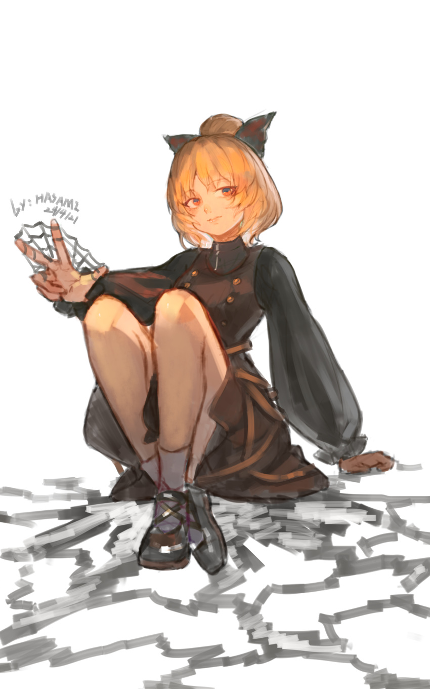 1girl absurdres artist_name black_bow black_dress blonde_hair bow brown_dress dress hair_bow hair_bun highres hua_ha_jiazi kurodani_yamame long_sleeves puffy_long_sleeves puffy_sleeves red_eyes short_hair sitting solo touhou