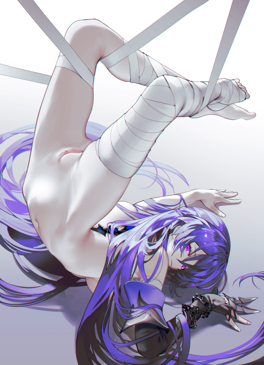 acheron_(honkai:_star_rail) bandaged_leg bandages barefoot censored chain detached_sleeves gloves gradient_background grey_background highres honkai:_star_rail honkai_(series) iumu long_hair looking_at_viewer mechanical_spine mosaic_censoring navel nude partially_fingerless_gloves purple_eyes purple_hair pussy sidelocks single_detached_sleeve suspension thighs very_long_hair