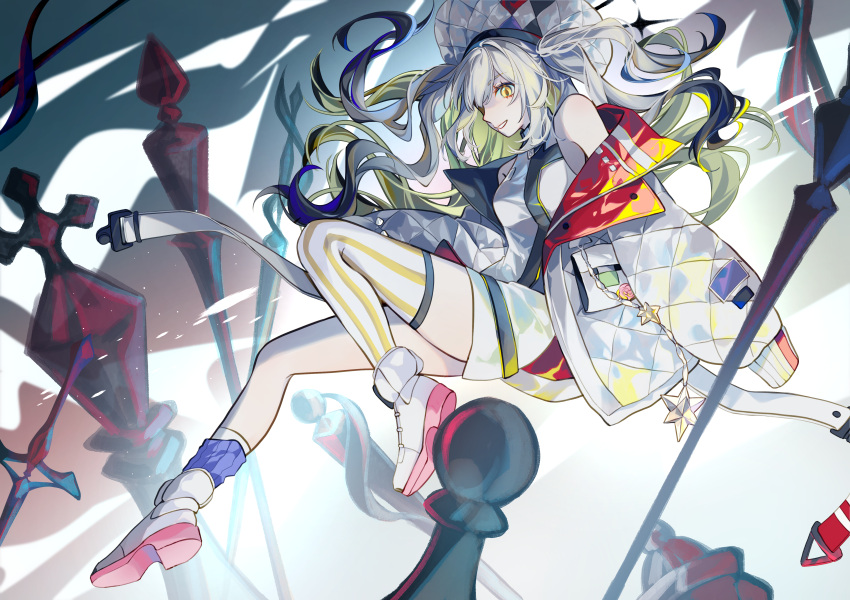 1girl absurdres asymmetrical_legwear bare_shoulders blonde_hair boots chess_piece chromatic_aberration colored_inner_hair down_jacket dress english_commentary fate/grand_order fate_(series) floating full_body fuzijo gradient_hair hat highres jacket knee_up long_hair long_sleeves looking_at_viewer marie_antoinette_(alter)_(fate) marie_antoinette_(alter)_(first_ascension)_(fate) marie_antoinette_(fate) multicolored_hair off_shoulder parted_lips pawn_(chess) purple_socks short_dress single_sock single_thighhigh sleeveless sleeveless_dress sleeves_past_fingers sleeves_past_wrists smile socks solo star_(symbol) striped_clothes striped_thighhighs thighhighs turtleneck turtleneck_dress two-sided_fabric two-sided_jacket two_side_up uneven_legwear vertical-striped_clothes vertical-striped_thighhighs white_dress white_footwear white_hair white_hat white_jacket white_thighhighs yellow_eyes