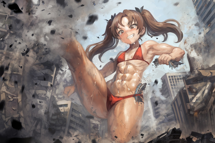 1girl bikini black_ribbon blue_sky brown_eyes brown_hair building commentary day destruction flat_chest giant giantess girls_und_panzer grin hair_ribbon halterneck kadotani_anzu kicking long_hair muscular muscular_female navel outdoors parted_bangs red_bikini ribbon sky smile solo standing standing_on_one_leg sweat swimsuit twintails yilx