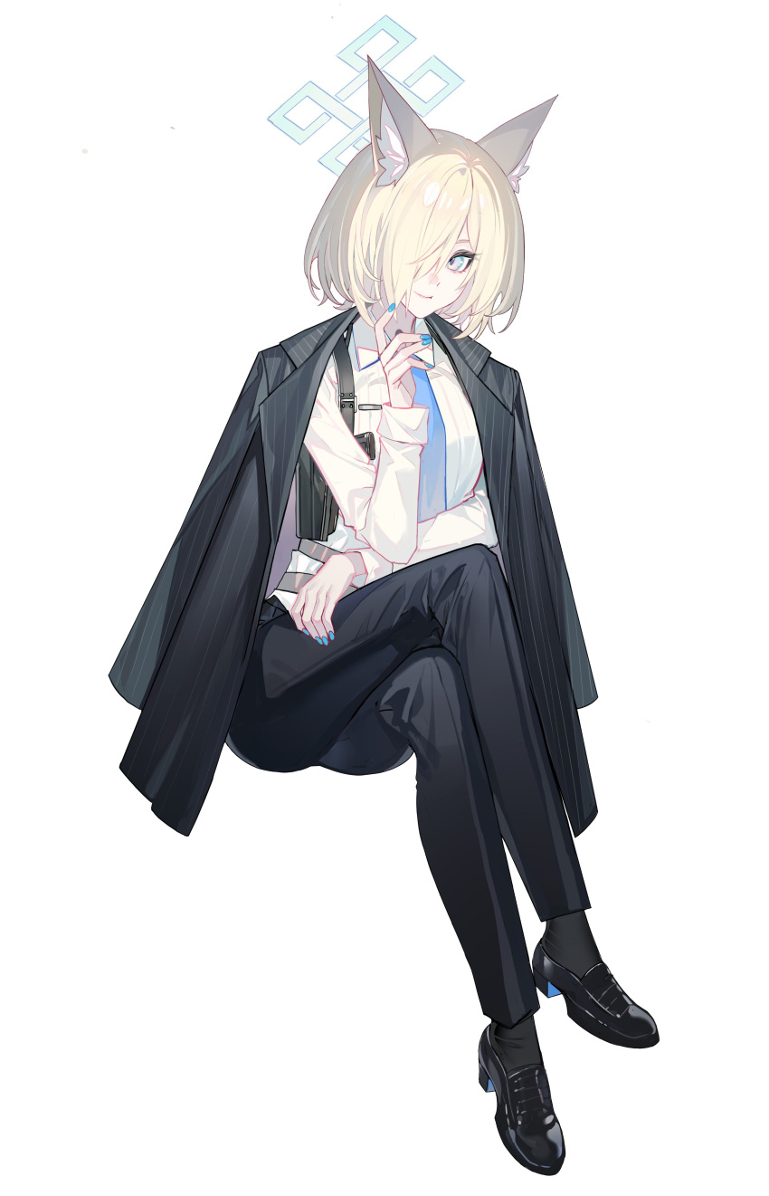 absurdres animal_ears belt blonde_hair blue_archive blue_eyes blue_halo cowboy_shot dog_ears echj gun hair_over_one_eye halo handgun highres jacket kanna_(blue_archive) multiple_belts nail_polish shirt short_hair simple_background sitting suit weapon white_background