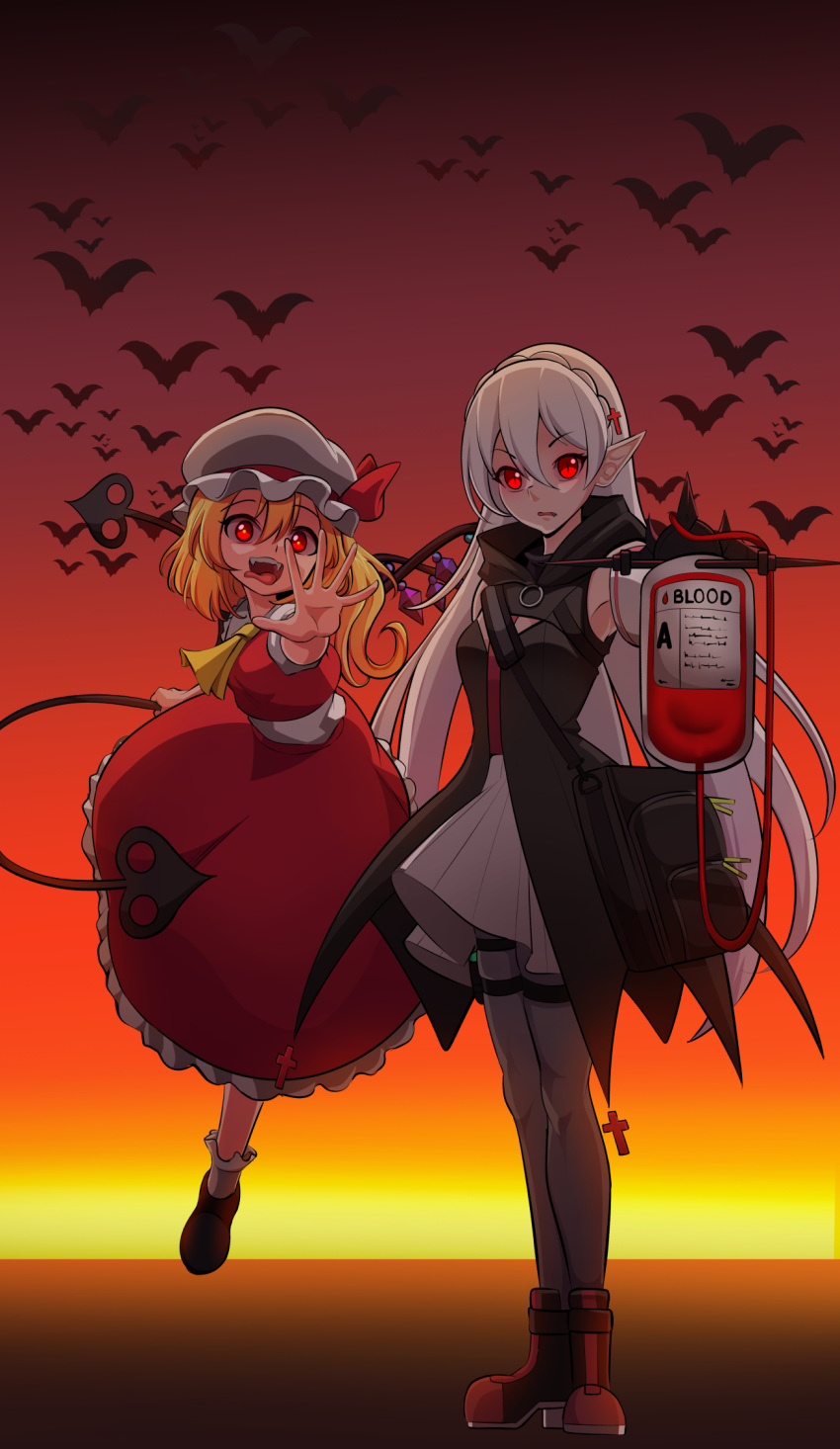 arknights ascot bat_(animal) bat_wings blonde_hair blood blood_bag bmkro braid crown_braid crystal dress fangs flandre_scarlet grey_hair hair_between_eyes hair_ornament hat hat_ribbon highres holding jacket long_hair long_sleeves looking_at_viewer mob_cap multicolored_wings multiple_girls one_side_up pointy_ears puffy_short_sleeves puffy_sleeves red_background red_eyes red_skirt red_vest ribbon shirt short_sleeves side_ponytail skirt skirt_set touhou vampire very_long_hair vest warfarin_(arknights) white_hair white_hat wings yellow_ascot