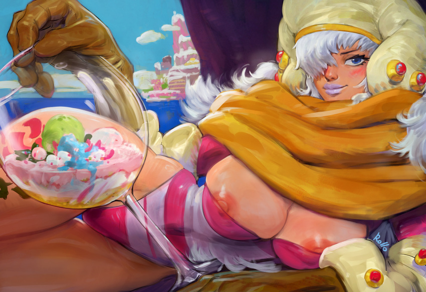 1girl artist_name blue_eyes breasts brown_gloves cake charlotte_smoothie closed_mouth cup drinking_glass english_commentary food gloves hair_over_one_eye hat highres large_breasts leg_tattoo lipstick long_hair looking_at_viewer makeup nipple_slip nipples one_eye_covered one_piece rollo_(kuyuen1) scarf smile smoothie solo tattoo thighs wavy_hair white_hair yellow_scarf