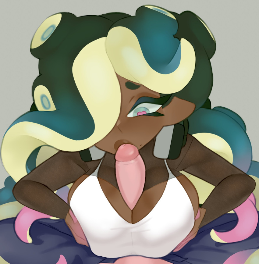 1boy 1girl breasts breasts_squeezed_together brown_lips cleavage cropped_vest dark-skinned_female dark_skin english_commentary erection fellatio green_eyes green_hair hair_over_one_eye headphones headphones_around_neck heart heart-shaped_pupils highres interracial just_the_tip large_breasts long_hair marina_(splatoon) mole mole_under_mouth multicolored_hair octoling official_alternate_costume oral paizuri paizuri_under_clothes penis pink_pupils pov short_eyebrows solo_focus spaghetti_strap splatoon_(series) splatoon_3 suction_cups symbol-shaped_pupils tentacle_hair uncensored very_dark_skin very_long_hair vespbee vest