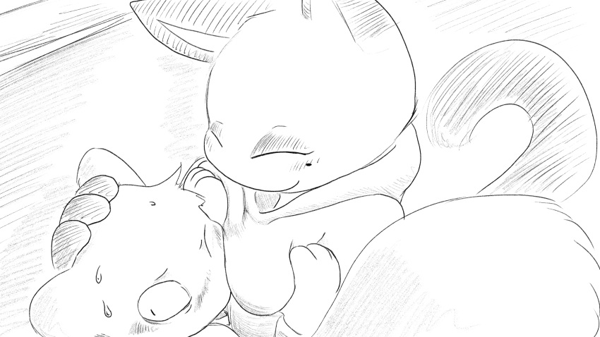 4_fingers animal_crossing anthro blush bodily_fluids breast_grab breasts clothed clothing domestic_cat dragonweirdo duo eyes_closed felid feline felis female fingers greyscale hand_on_breast hand_on_head hi_res hoodie male male/female mammal marshal_(animal_crossing) monochrome nervous nintendo olivia_(animal_crossing) one_eye_closed rodent sciurid smile story story_in_description sweat topwear tree_squirrel