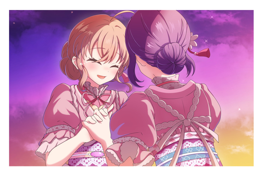 2girls ^_^ absurdres ahoge blush border cerise_bouquet closed_eyes commentary crossed_bangs crying facing_another flower gradient_sky hair_bun hair_flower hair_ornament happy_tears highres hinoshita_kaho holding_hands idol idol_clothes interlocked_fingers japanese_clothes kimono lace-trimmed_sash link!_like!_love_live! love_live! multiple_girls neck_ribbon obi orange_hair otomune_kozue pink_kimono pink_ribbon pink_sky puffy_short_sleeves puffy_sleeves purple_hair purple_sash purple_sky ribbon sash short_hair short_sleeves sidelocks single_hair_bun sky sugao_no_pixel_(love_live!) tears upper_body white_border white_flower yamanju yellow_sky