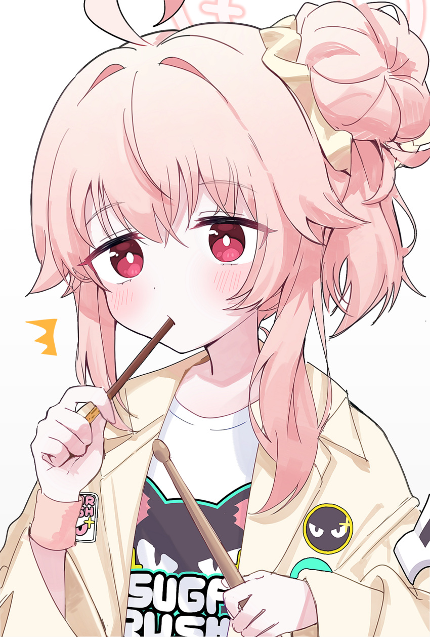 1girl ahoge blue_archive blush bright_pupils drumsticks food food_in_mouth hair_bun hair_ornament hair_scrunchie halo highres holding holding_food holding_pocky hyemong jacket long_sleeves natsu_(blue_archive) pink_hair pocky pocky_in_mouth red_eyes scrunchie shirt side_ponytail single_side_bun white_pupils white_shirt wristband yellow_jacket yellow_scrunchie