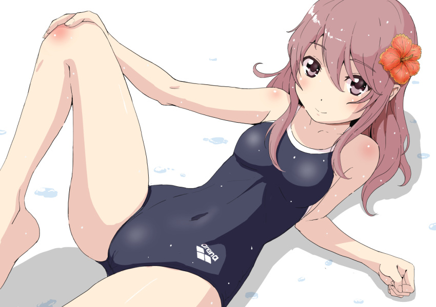 1girl arena_(company) blue_one-piece_swimsuit breasts brown_eyes cameltoe competition_school_swimsuit covered_navel flower hair_flower hair_ornament hi-ro_(rimlnet) hibiscus logo long_hair lying one-piece_swimsuit original school_swimsuit sitting small_breasts smile solo swimsuit