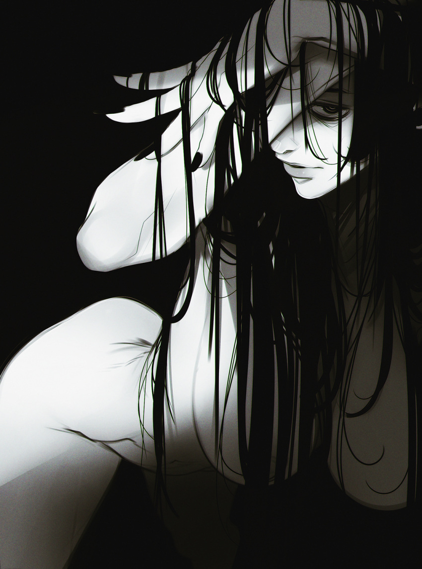 1girl black_background black_hair black_nails breasts completely_nude covering_one_eye ghost ghost_girl hair_censor hanging_breasts highres horror_(theme) large_breasts leaning_forward lips long_hair looking_at_viewer non-web_source nude obj_shep original pale_skin parted_lips simple_background solo straight_hair