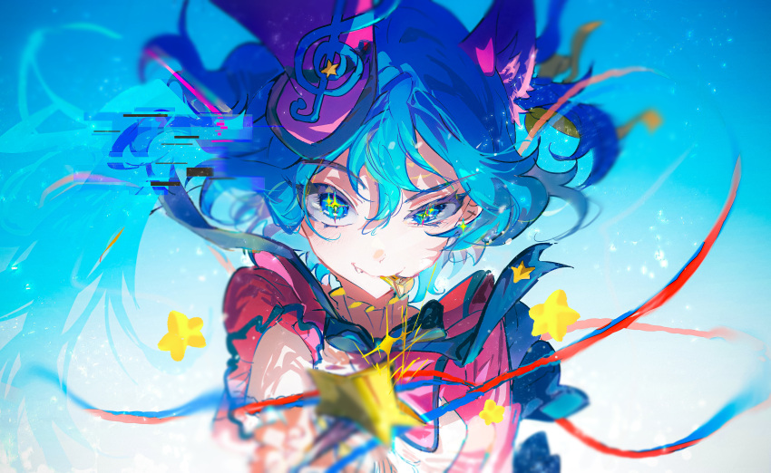 1girl absurdres animal_ears blue_background blue_eyes blue_hair blurry blurry_foreground commentary dress fang floating_hair hatsune_miku highres looking_at_viewer matofu official_alternate_costume official_alternate_hair_length official_alternate_hairstyle pink_dress project_sekai ribbon sekai_ni_hibike!_your_song_(project_sekai) short_hair short_sleeves simple_background smile solo star_(symbol) star_in_eye symbol-shaped_pupils symbol_in_eye upper_body vocaloid wonderlands_x_showtime_(project_sekai) wonderlands_x_showtime_miku