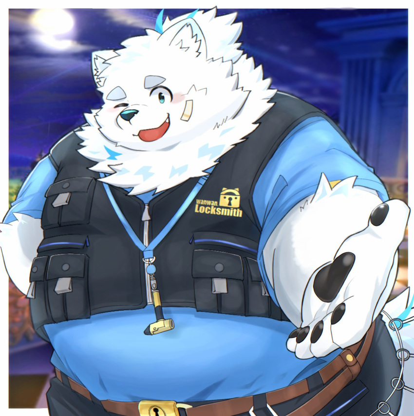 1boy animal_ears bara belly blue_fur cowboy_shot daiwahouse0105 dog_boy dog_ears fat fat_man furry furry_male highres live_a_hero looking_at_viewer male_focus multicolored_hair one_eye_closed outstretched_hand reaching reaching_towards_viewer solo standing streaked_hair thick_eyebrows white_fur yohack